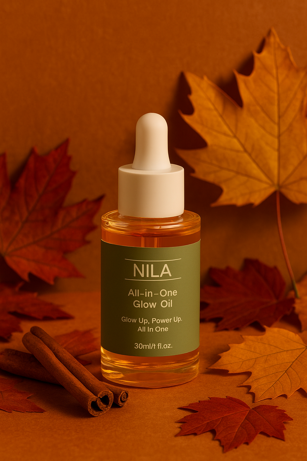 Text: Lock in moisture & protect your skin from autumn dryness with NILA’s All-in-One Glow Oil.